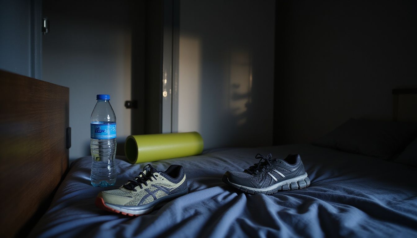 A casual bedroom scene with running shoes, water, and a foam roller.