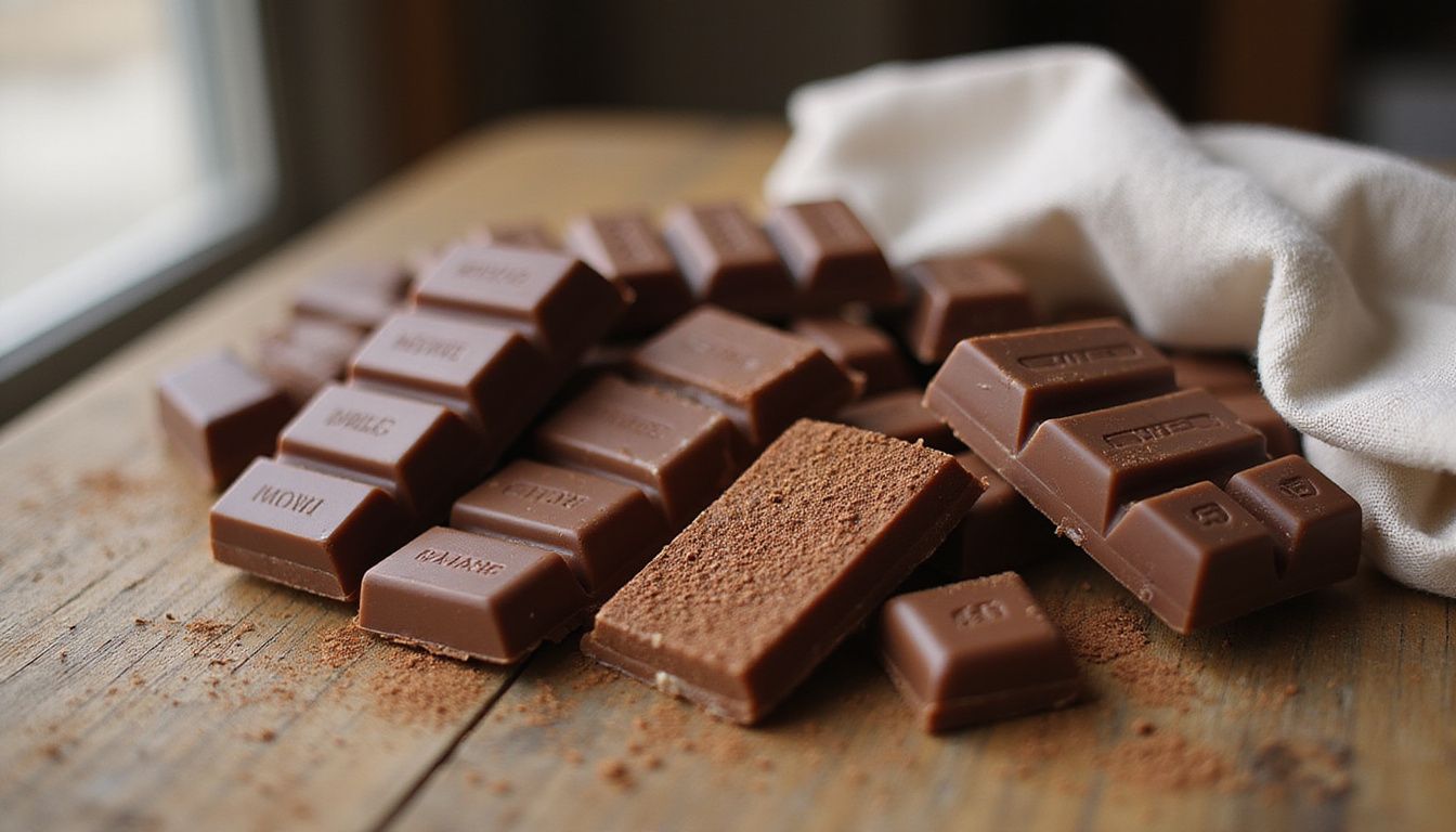 An assortment of beautifully arranged chocolate bars on a rustic table.
