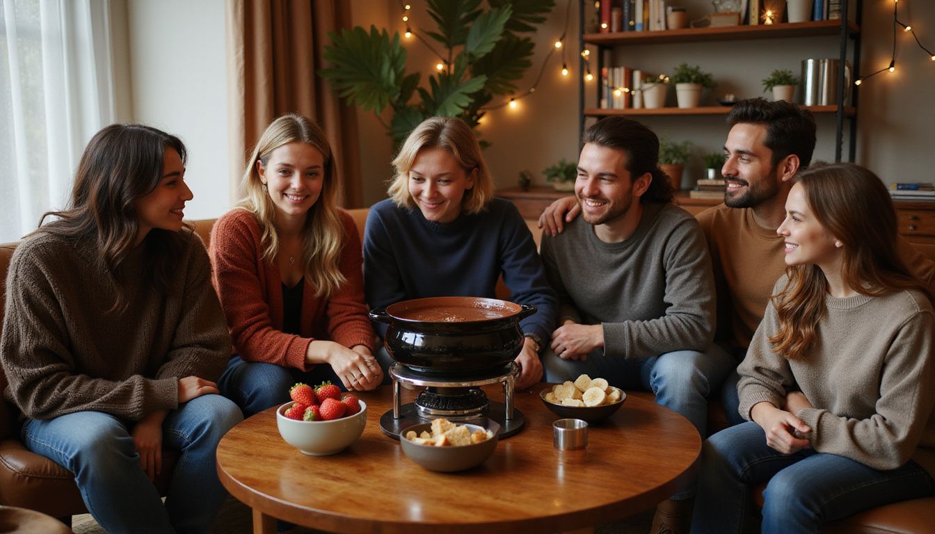 Friends enjoying chocolate fondue together in a cozy living room.