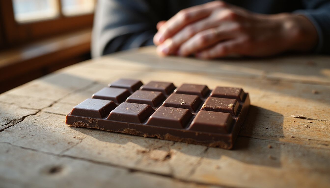 A close-up of dark chocolate on a weathered wooden table.
