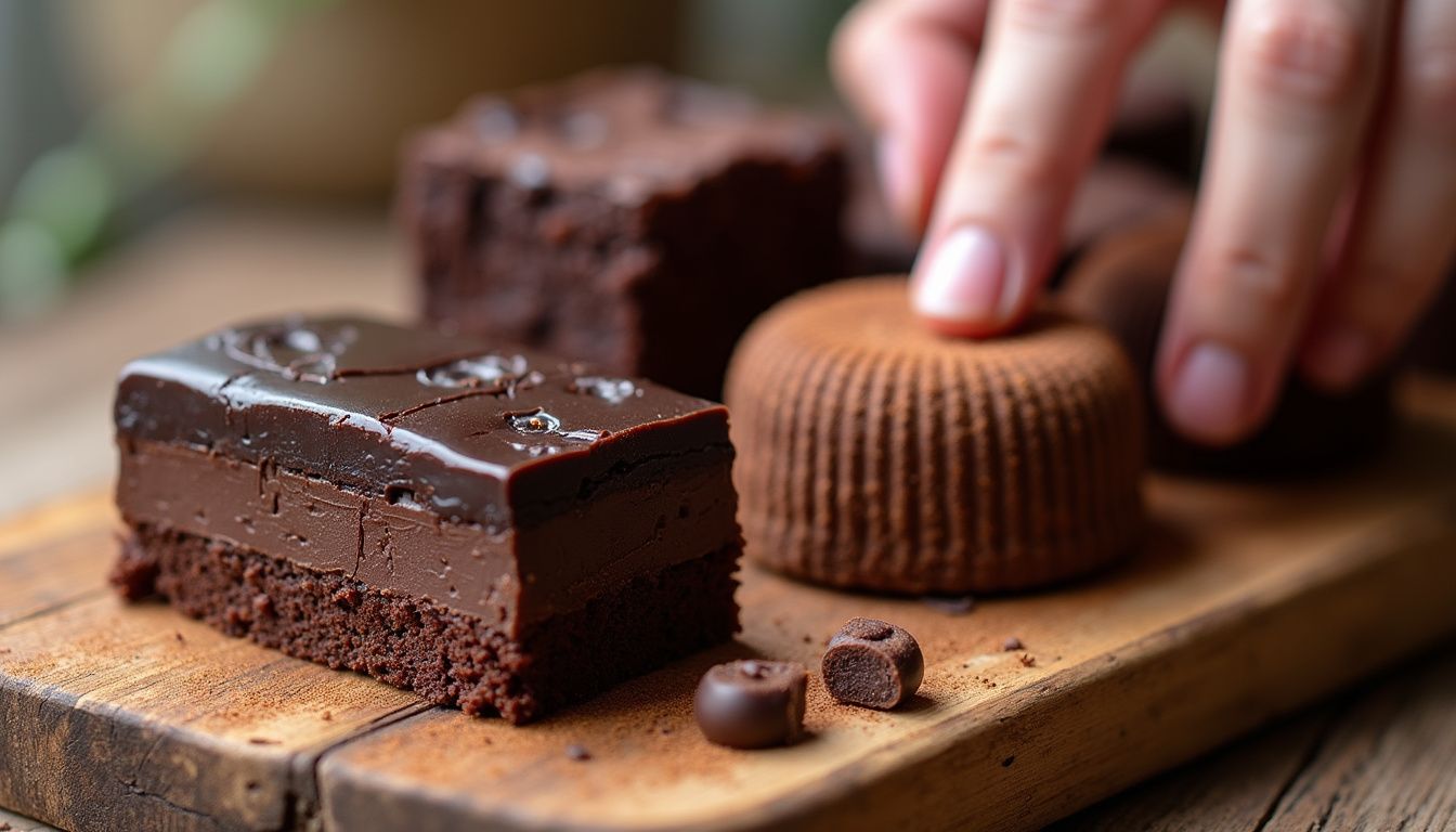 A rustic table showcases an array of tempting chocolate desserts.