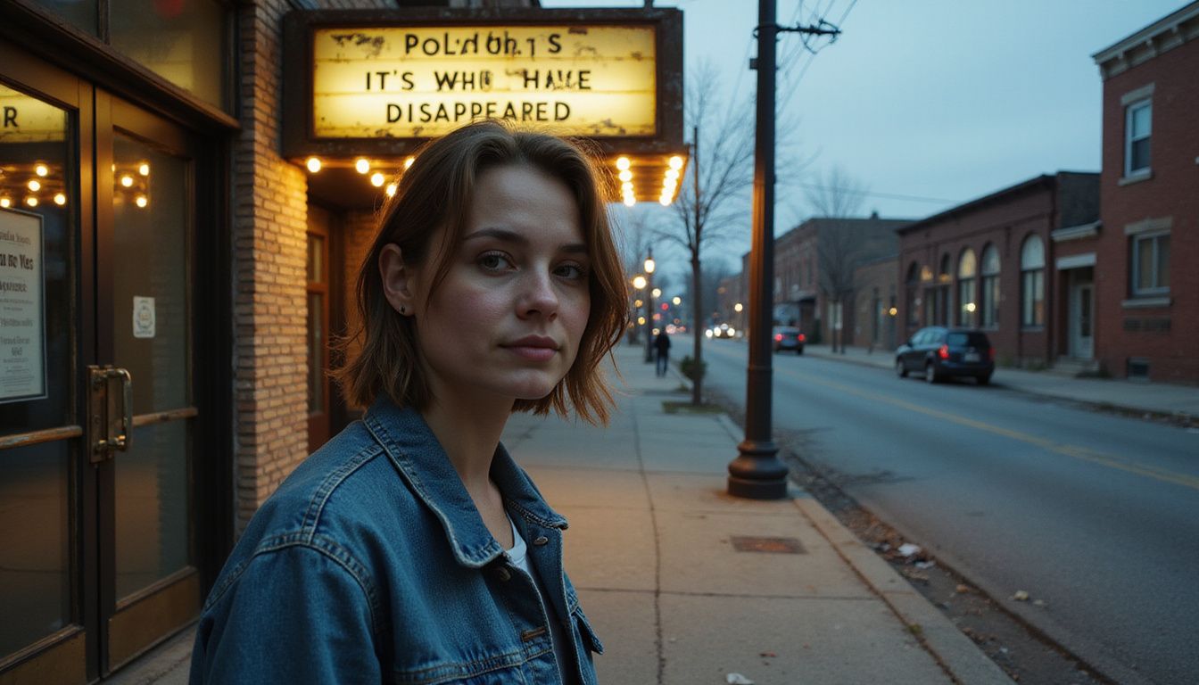 A person stands contemplatively near an abandoned vintage movie theater marquee. A person stands contemplatively near an abandoned vintage movie theater marquee.