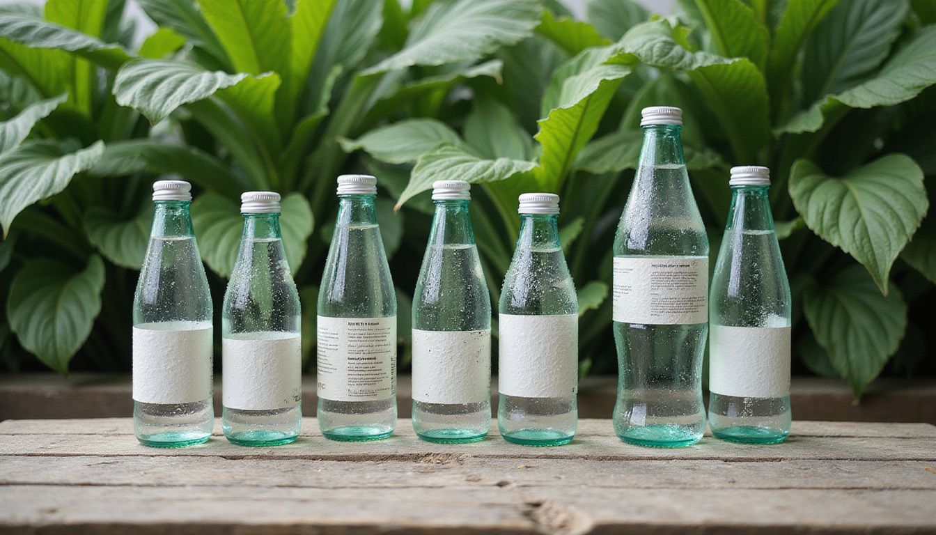 Mineral water bottles are elegantly arranged on a rustic wooden table. Mineral water bottles are elegantly arranged on a rustic wooden table.
