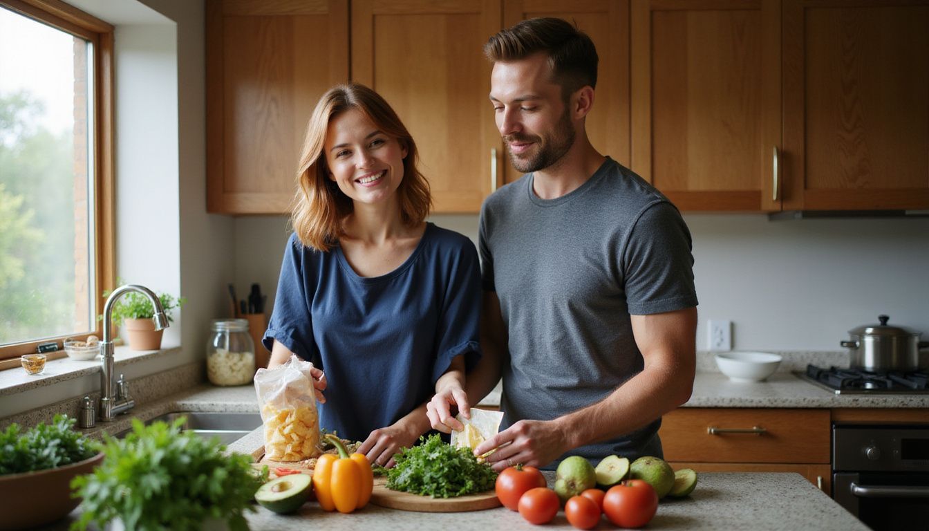 A couple prepares healthy ingredients in a cozy kitchen together.