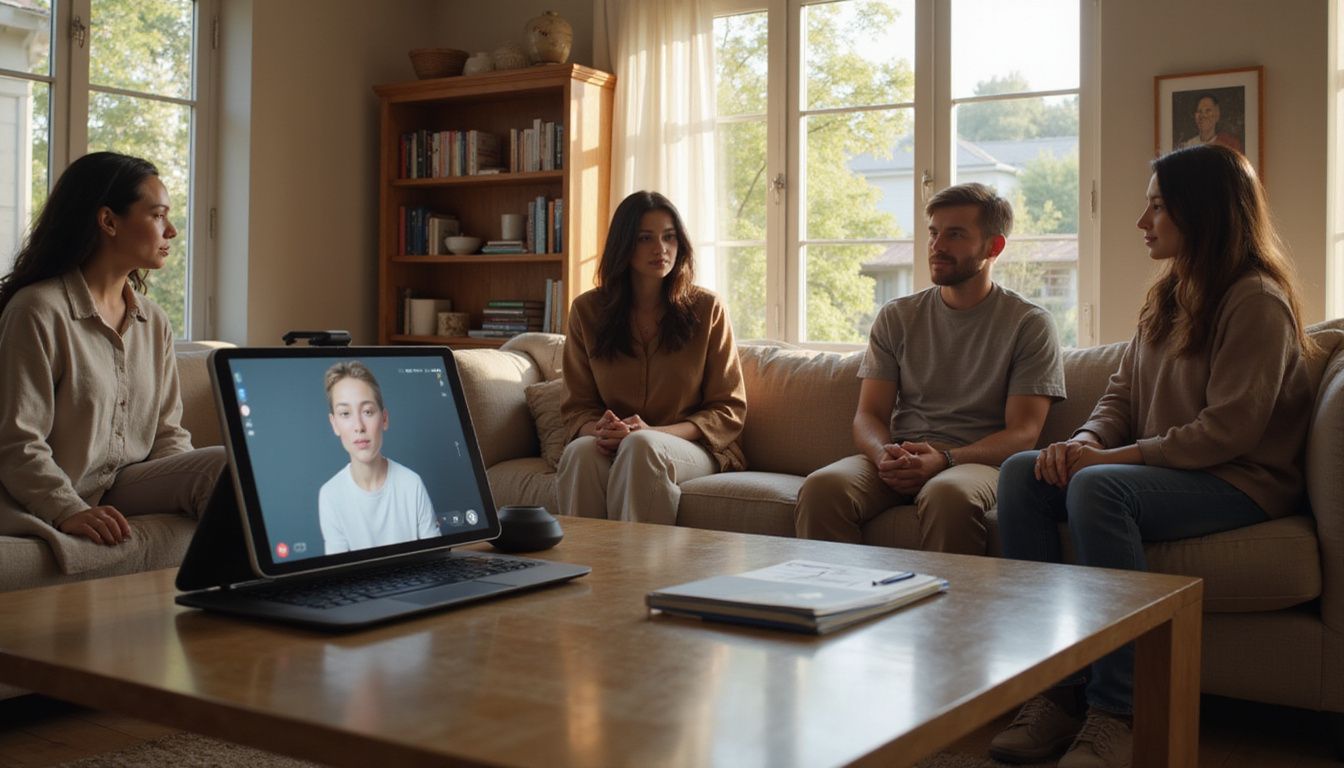 A digital AI assistant engages diverse avatars in a modern living room.