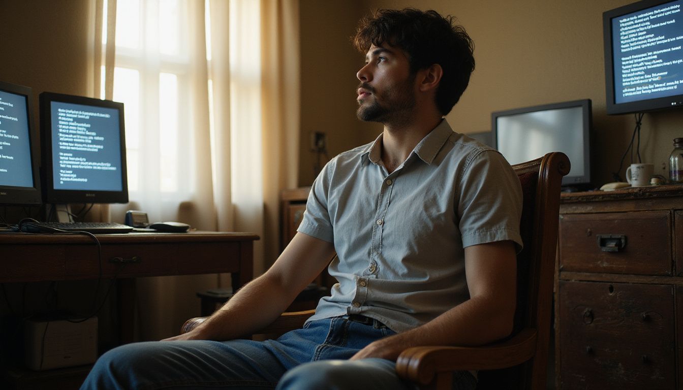 A contemplative individual sits in a cluttered room, surrounded by screens.