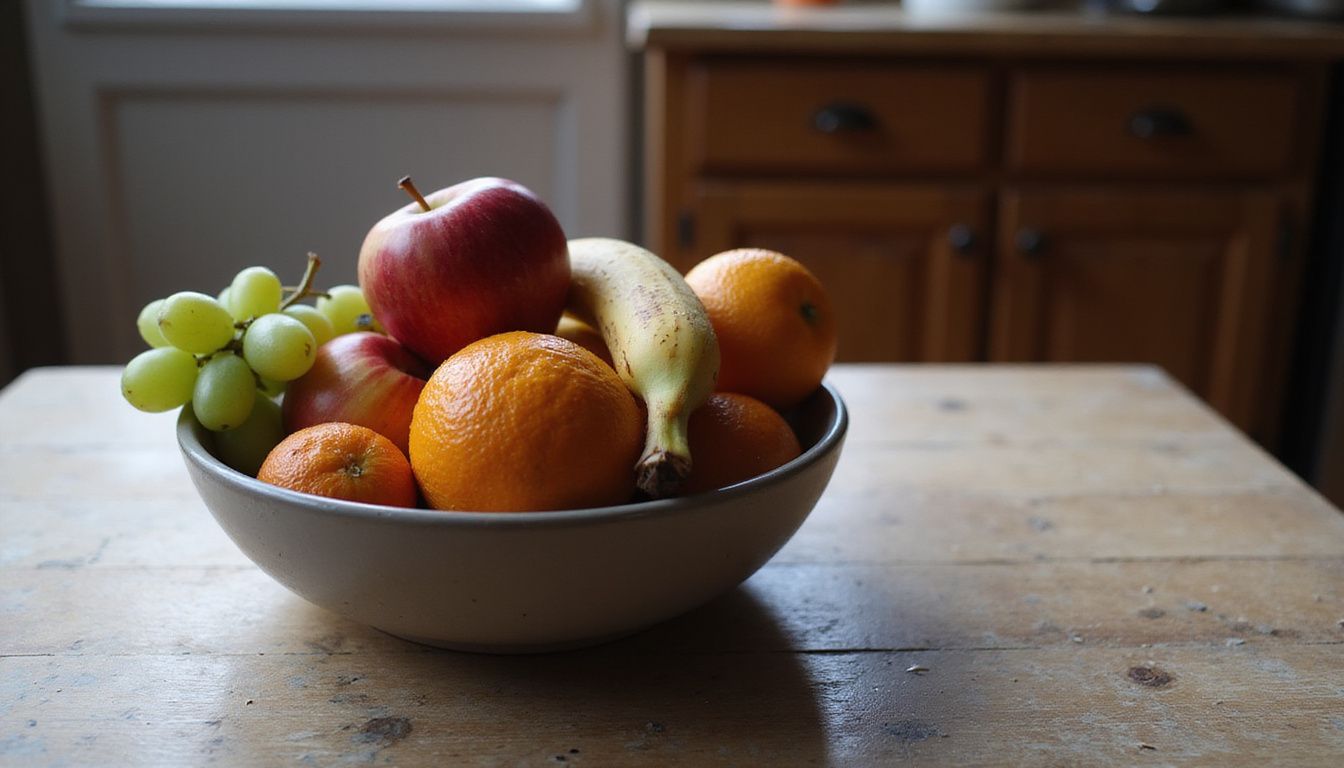 A bowl of fresh fruit sits on a weathered wooden table. A bowl of fresh fruit sits on a weathered wooden table.