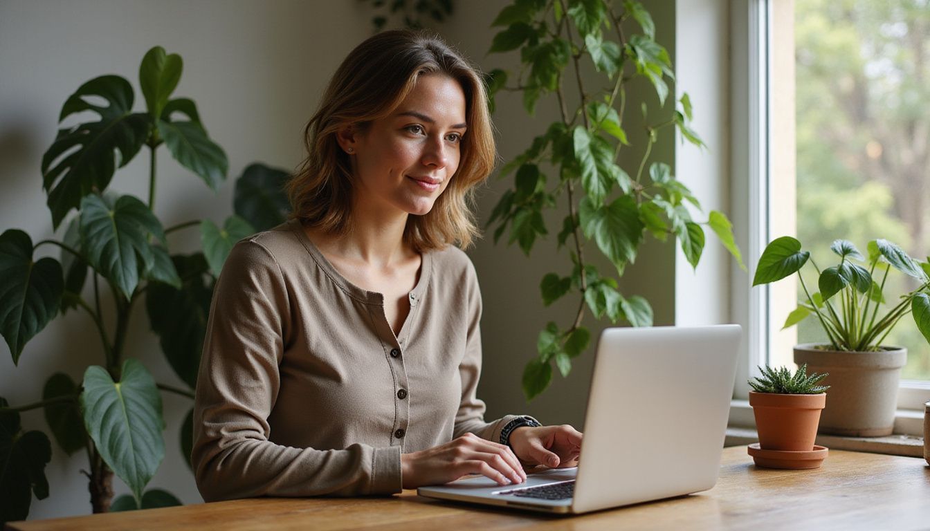 A woman attentively uses her laptop at a minimalist wooden desk.