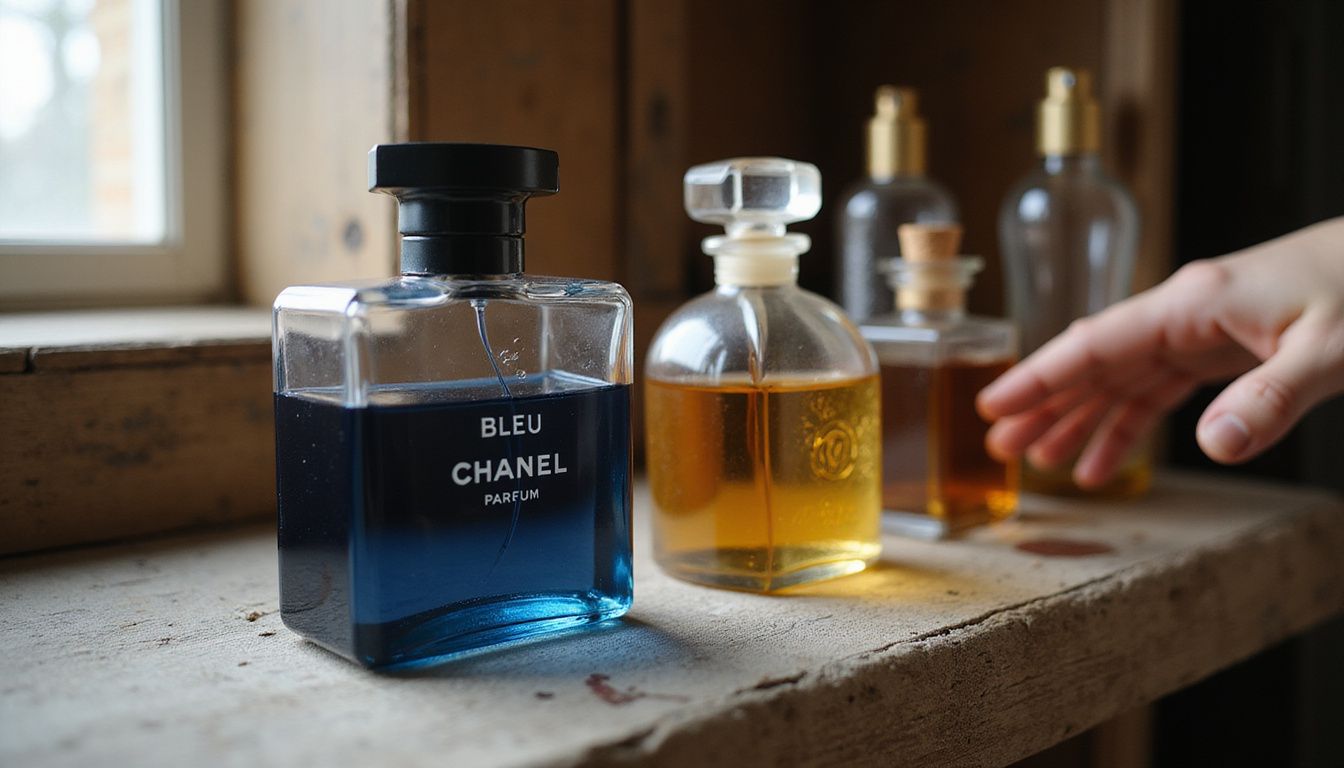 A classic Bleu de Chanel Parfum bottle rests on a weathered shelf.
