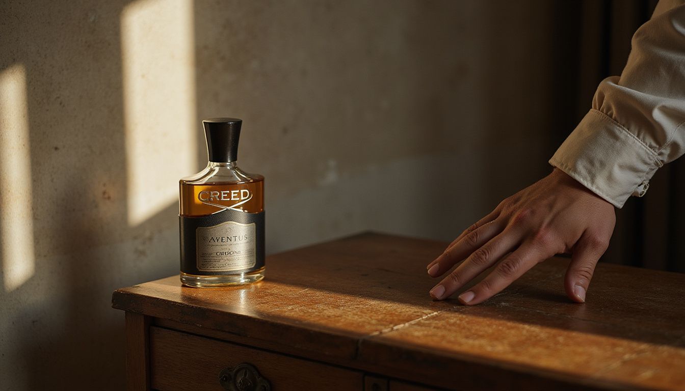 A bottle of Creed Aventus cologne on a weathered wooden dresser.