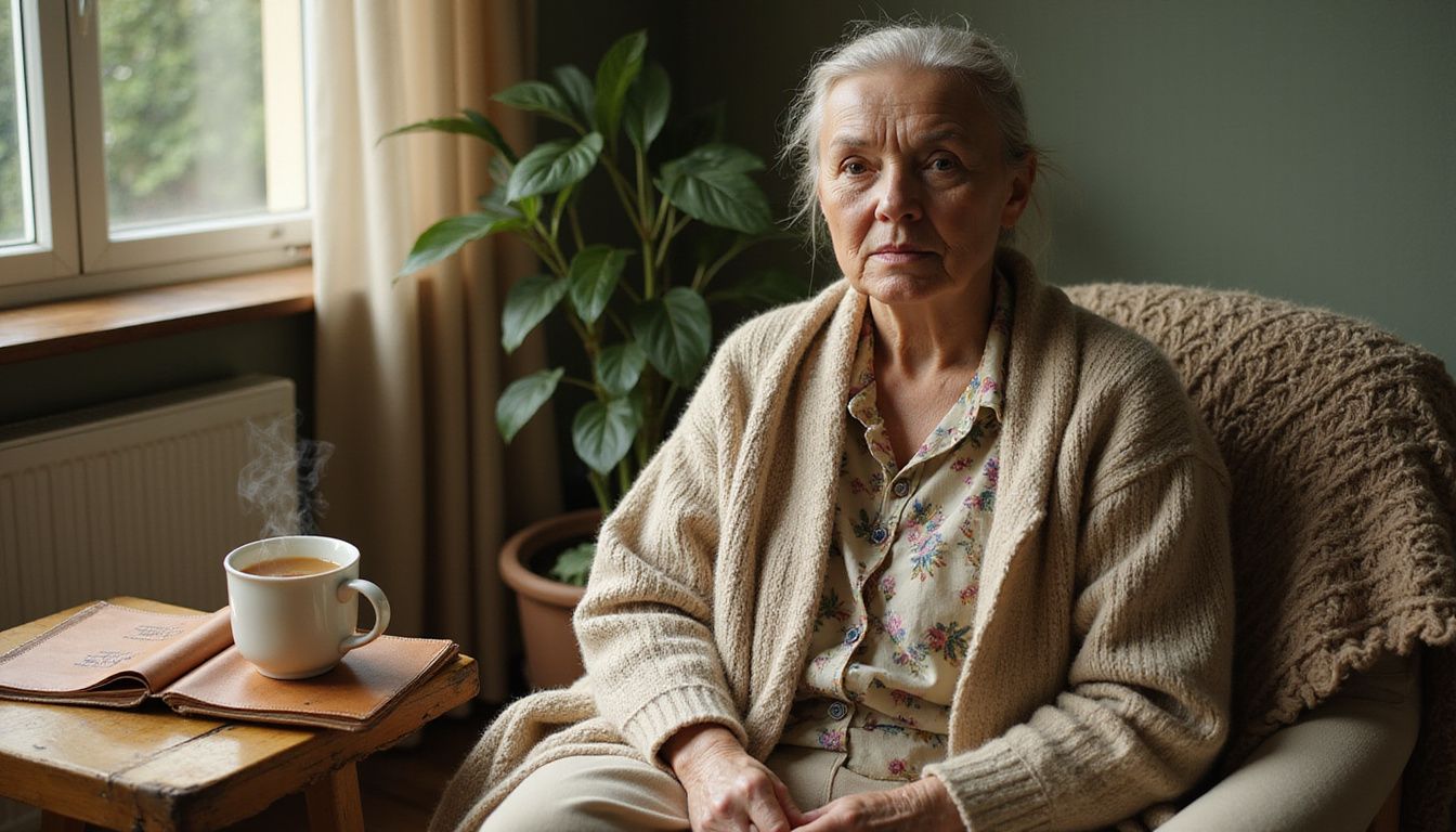 An elderly woman relaxes with tea and a journal in a cozy living room. An elderly woman relaxes with tea and a journal in a cozy living room.