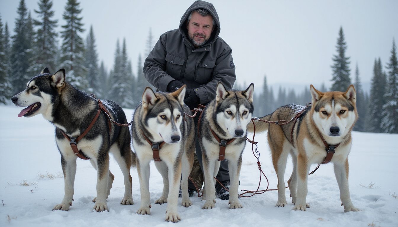 A rugged man prepares sled dogs in a snowy Alaskan wilderness.