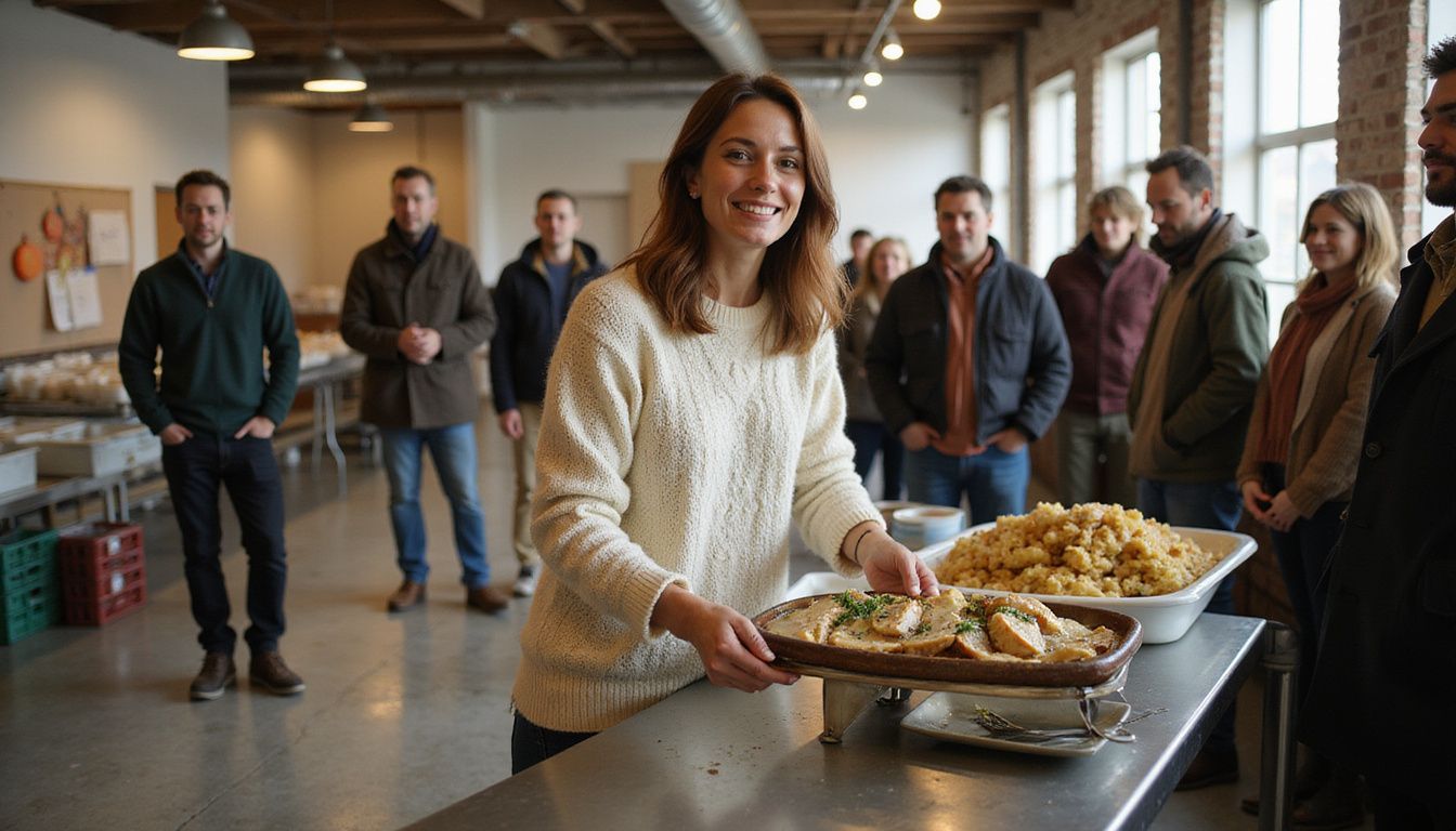 A woman serves turkey and mashed potatoes to a hopeful crowd.