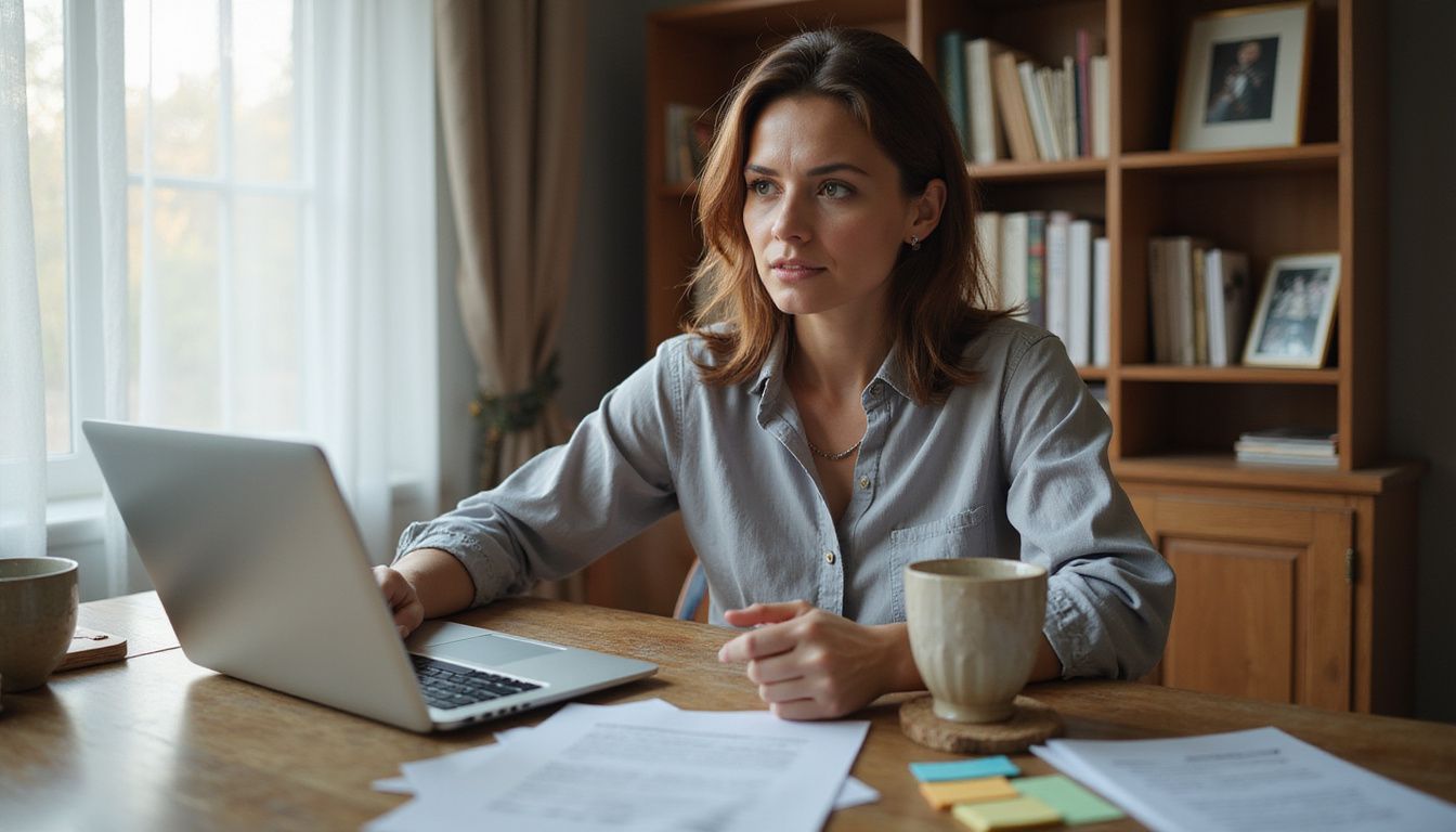A focused woman analyzes data at her organized desk.