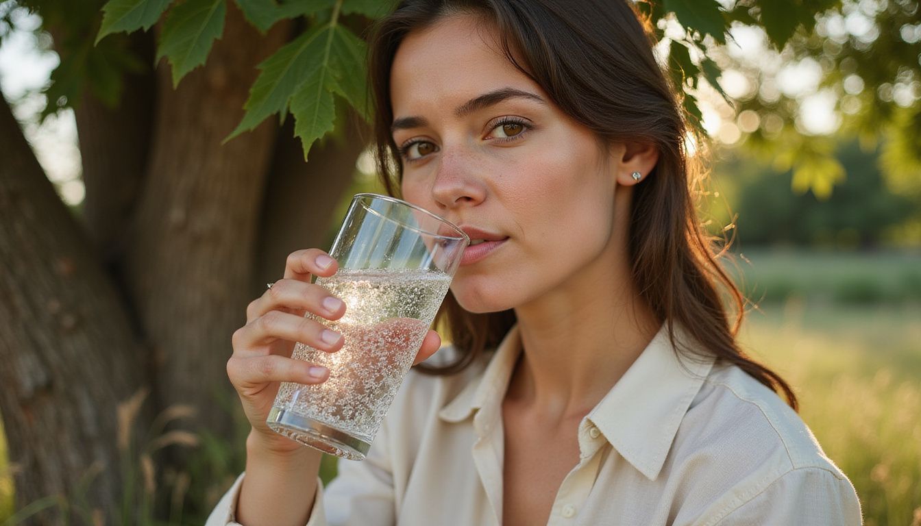 A person enjoys sparkling mineral water in a tranquil outdoor setting. A person enjoys sparkling mineral water in a tranquil outdoor setting.