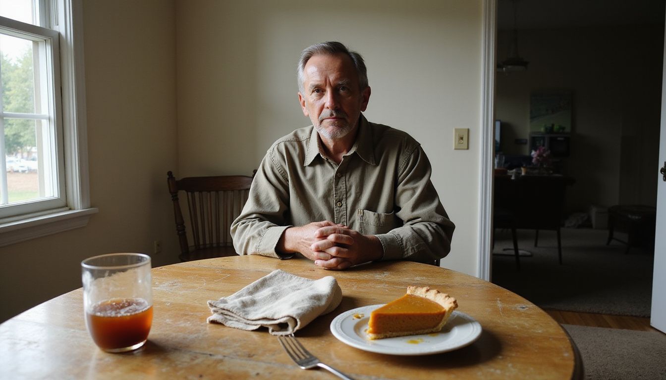 A middle-aged man reflects on a Thanksgiving meal alone.