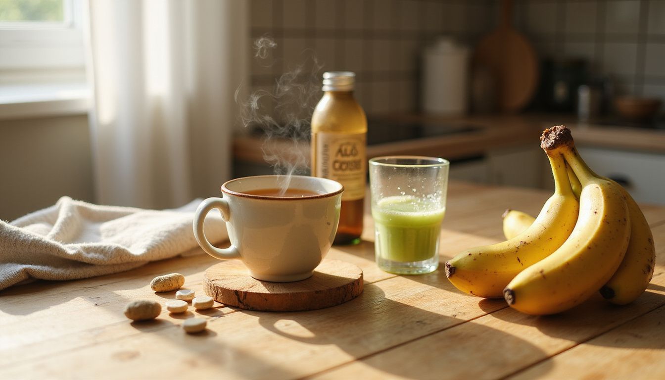 A cozy kitchen counter with tea, bananas, and wellness products.