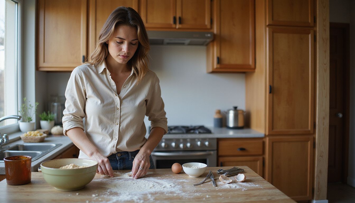 A woman prepares homemade desserts at a warm kitchen counter.
