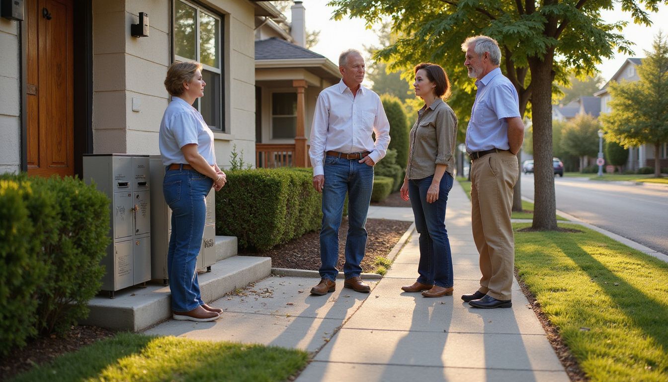 Neighbors gather in a suburban street, sharing concerns and camaraderie.