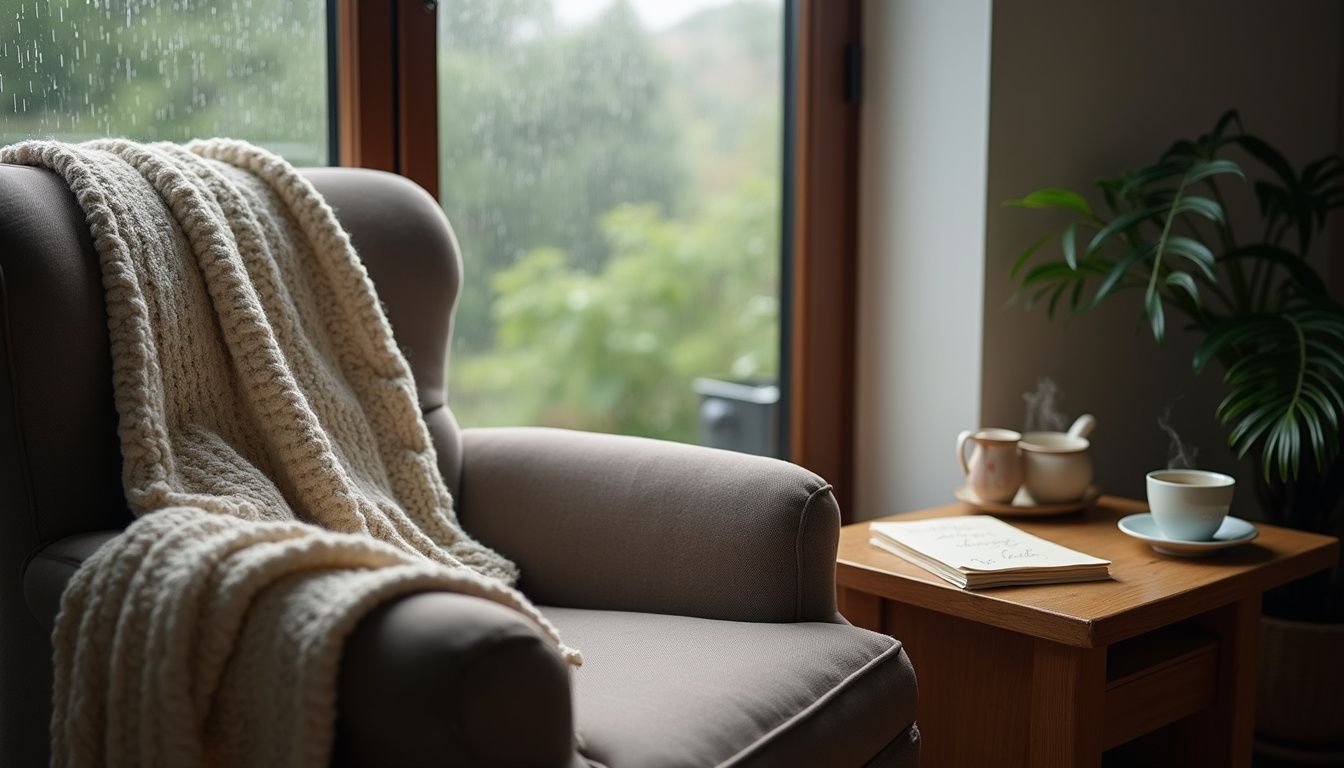 A cozy living room features a plush armchair, tea, and stationery. A cozy living room features a plush armchair, tea, and stationery.