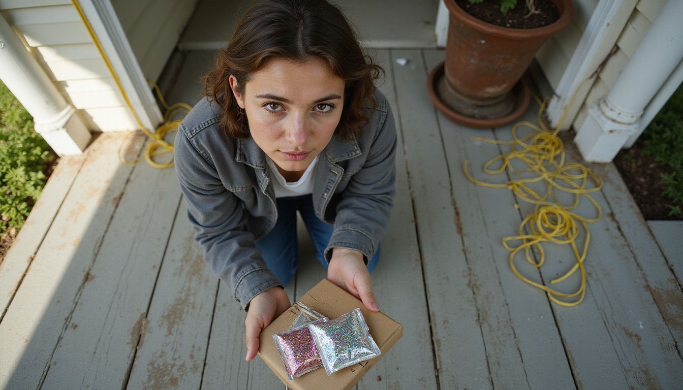 An individual reacts with surprise while holding a mysterious package.