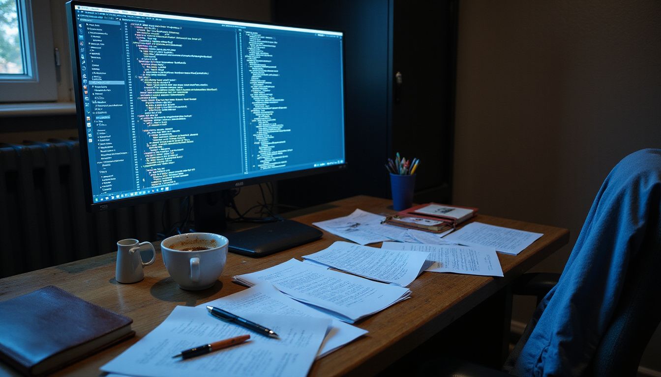 A cluttered office desk showcases a late-night coding session.