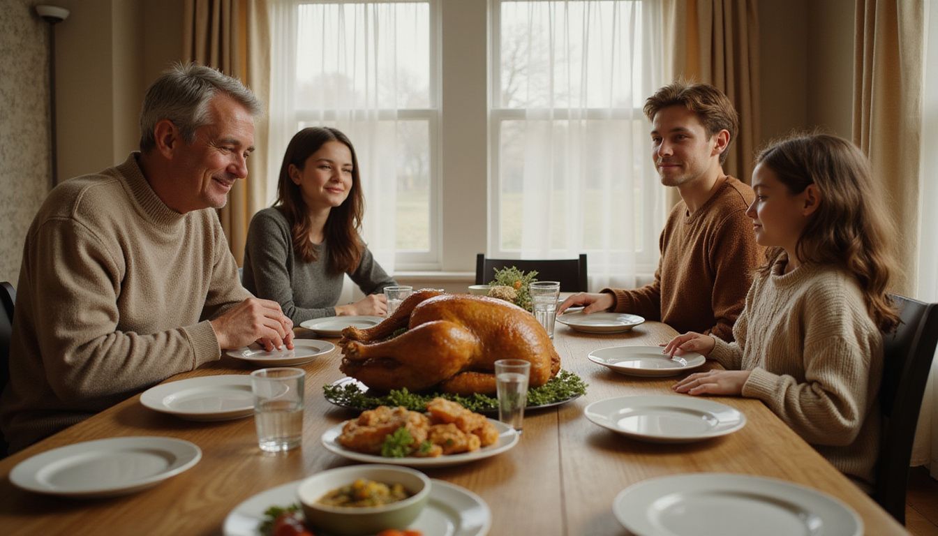 A family enjoys a cozy Thanksgiving dinner around a beautifully set table.