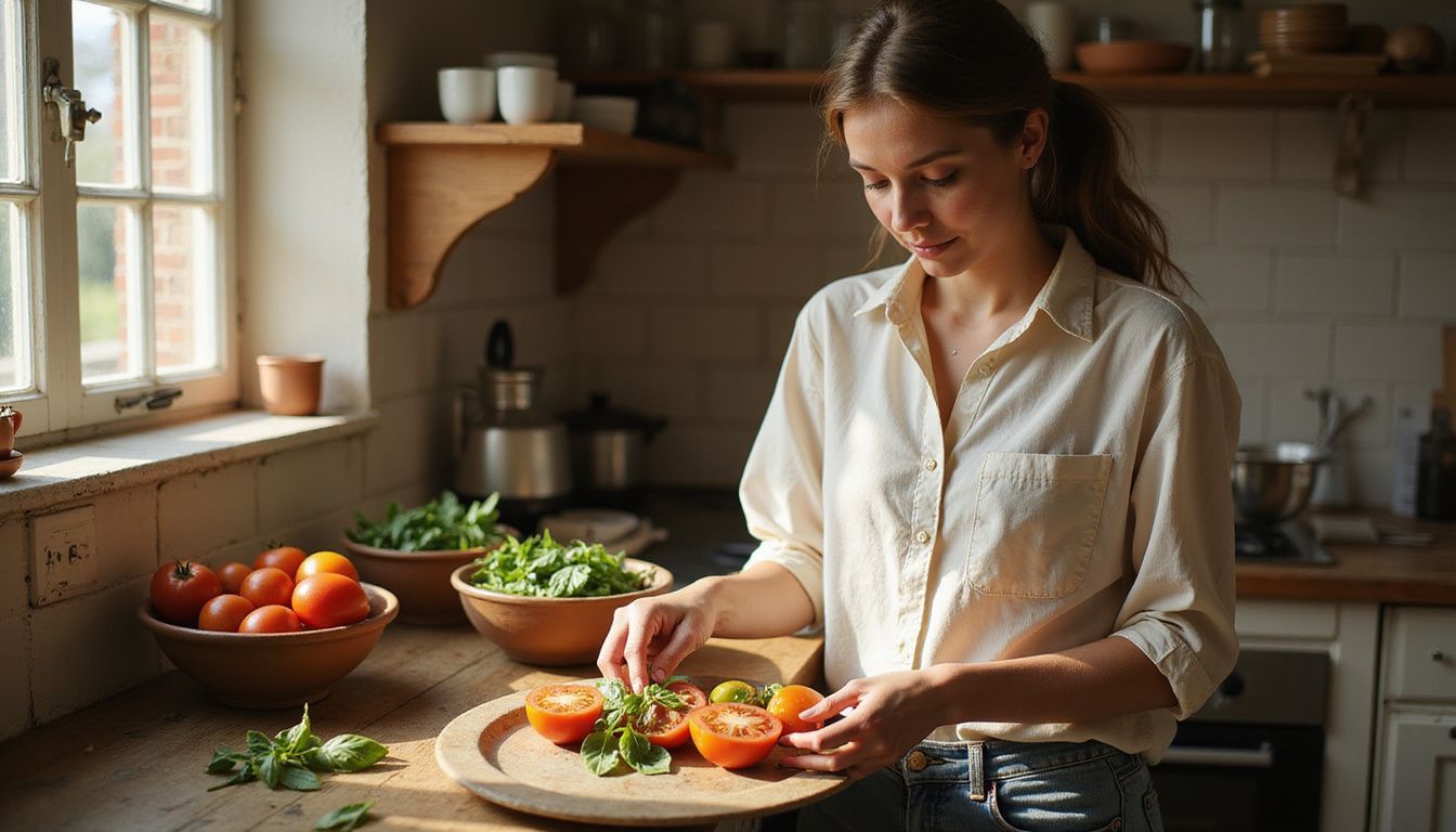 A woman prepares heirloom tomatoes and basil in a rustic kitchen.
