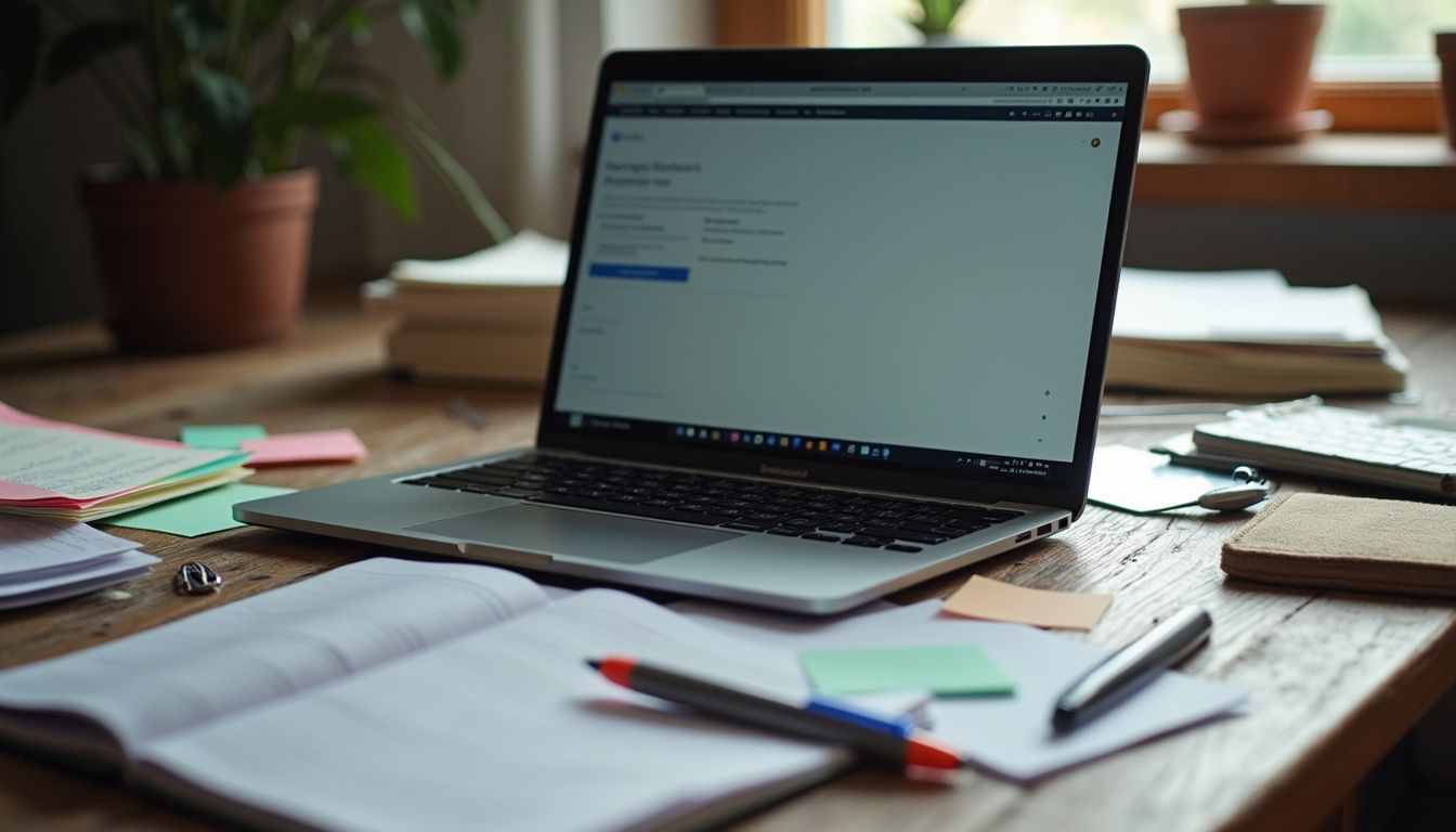 A cluttered workspace featuring a laptop and scattered notes and supplies.