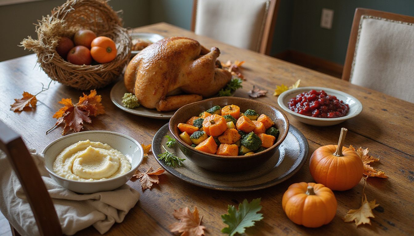 A rustic dining table adorned with Thanksgiving dishes and fall decorations.