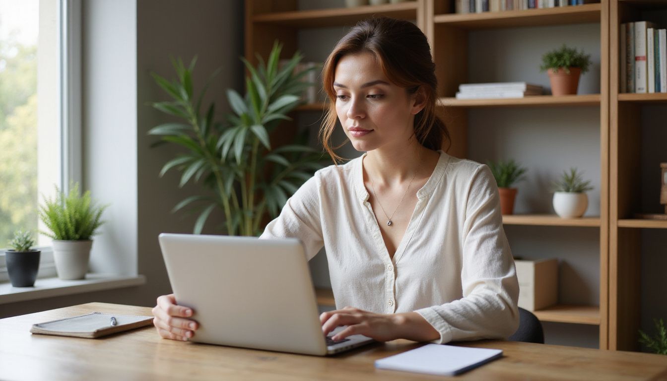 A focused woman works at a modern home office desk.