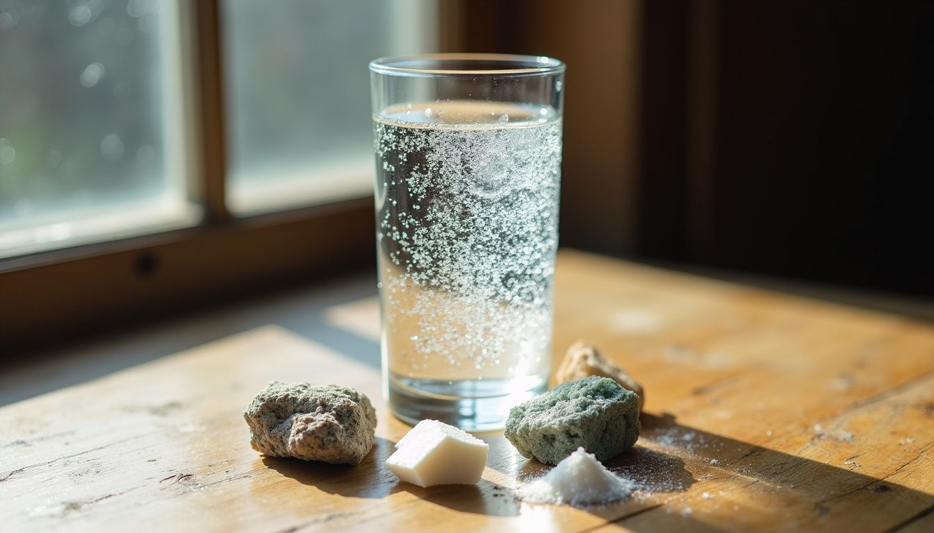 A tall glass of sparkling water surrounded by various mineral samples. A tall glass of sparkling water surrounded by various mineral samples.