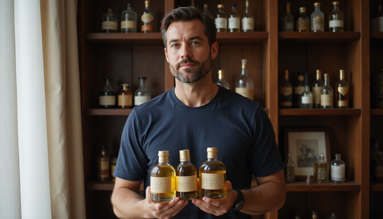 A man holds three cologne bottles in a warmly decorated room.