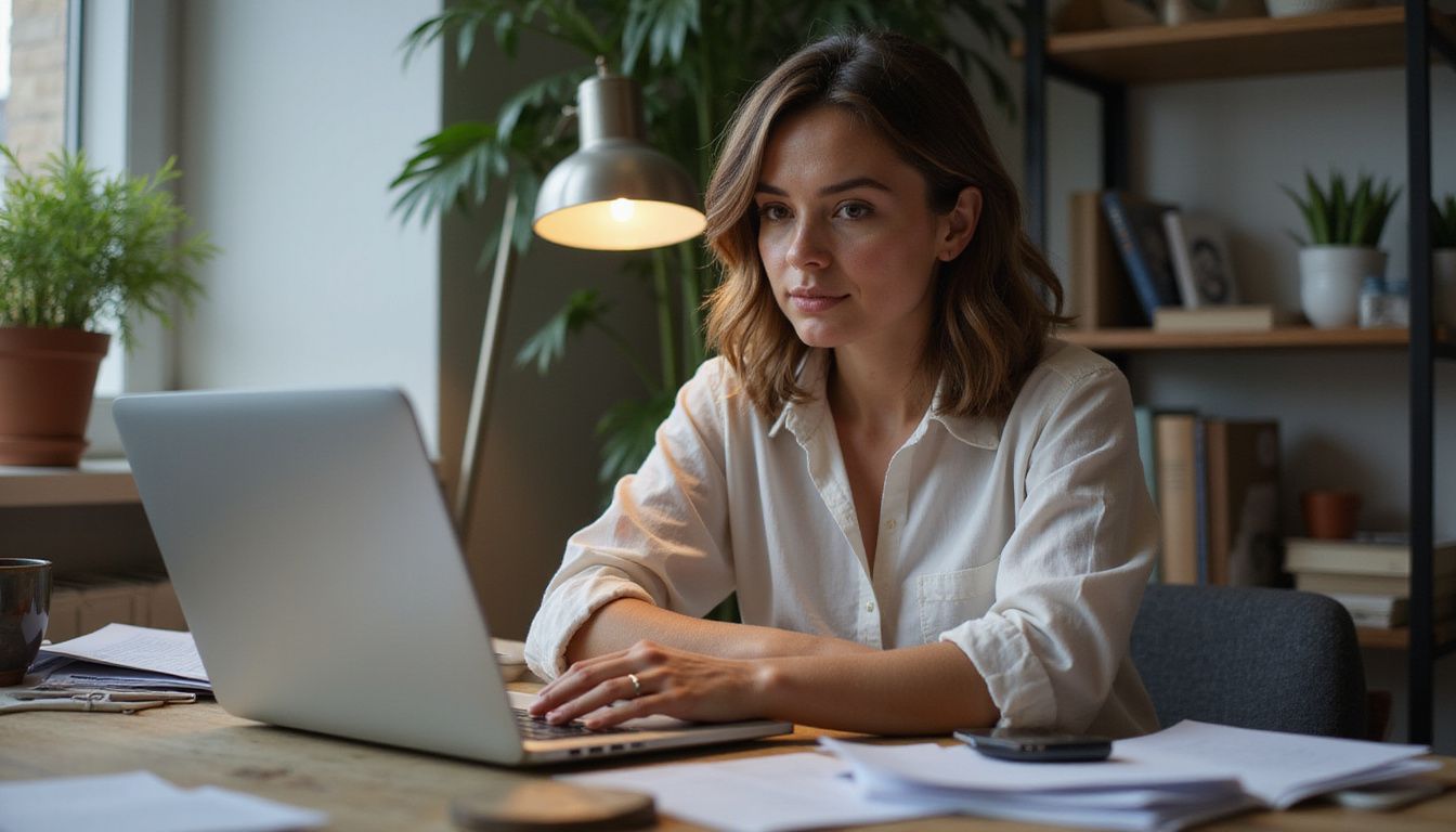 A focused woman works diligently at her cluttered desk.
