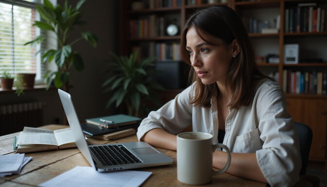 A woman studies an AI research interface at her home office.
