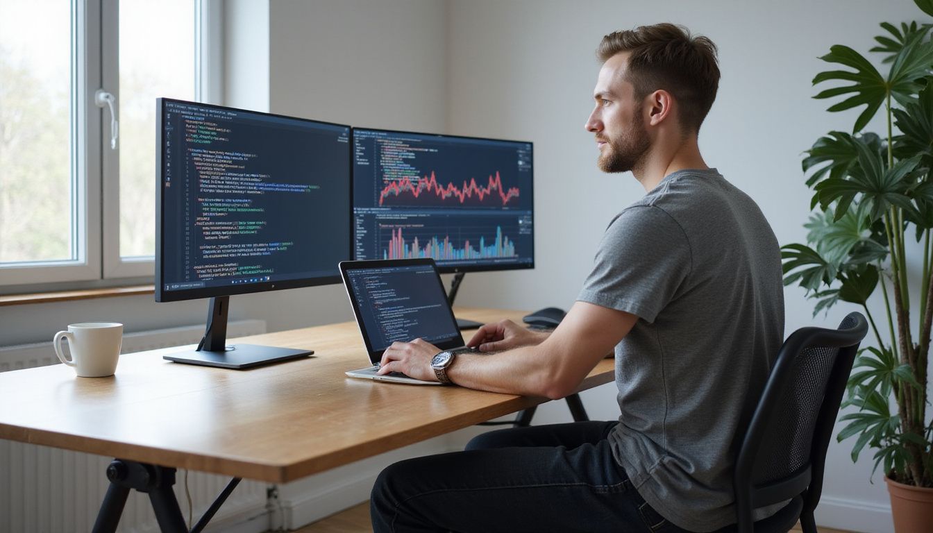 A focused individual codes at a minimalist home office desk.