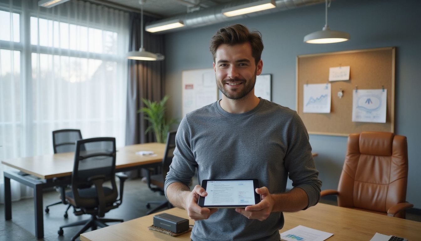 A young professional reviews a resume on a digital tablet.