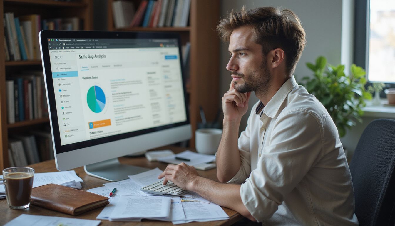 A focused individual uses resume optimization software at a cluttered desk.