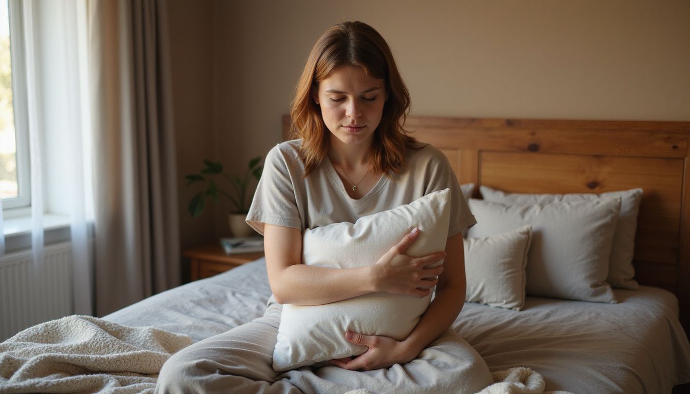 A woman practices mindfulness while seated on a neatly made bed.