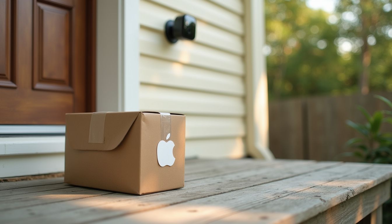 An AirTag rests on a cardboard package by a security camera.