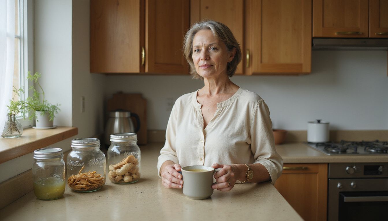 A middle-aged woman prepares chamomile tea in a cozy kitchen.