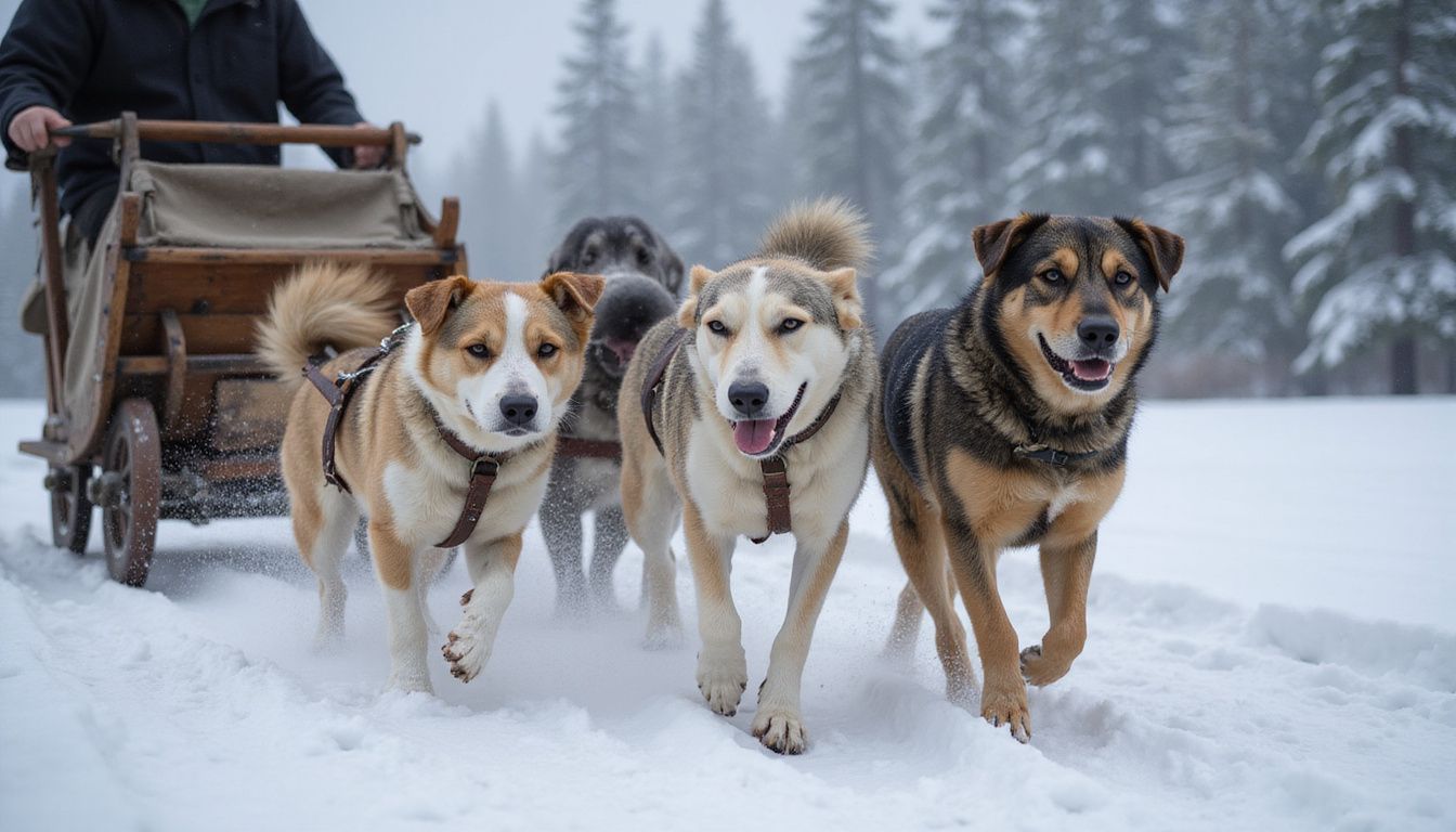 A diverse sled dog team powers through powdery snow.