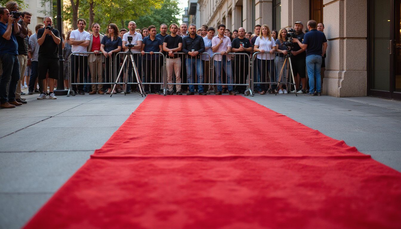 A red carpet awaits guests amid an eager, anticipatory crowd. A red carpet awaits guests amid an eager, anticipatory crowd.