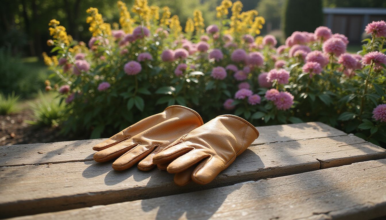 Well-worn gardening gloves rest on a weathered wooden bench in a garden. Well-worn gardening gloves rest on a weathered wooden bench in a garden.