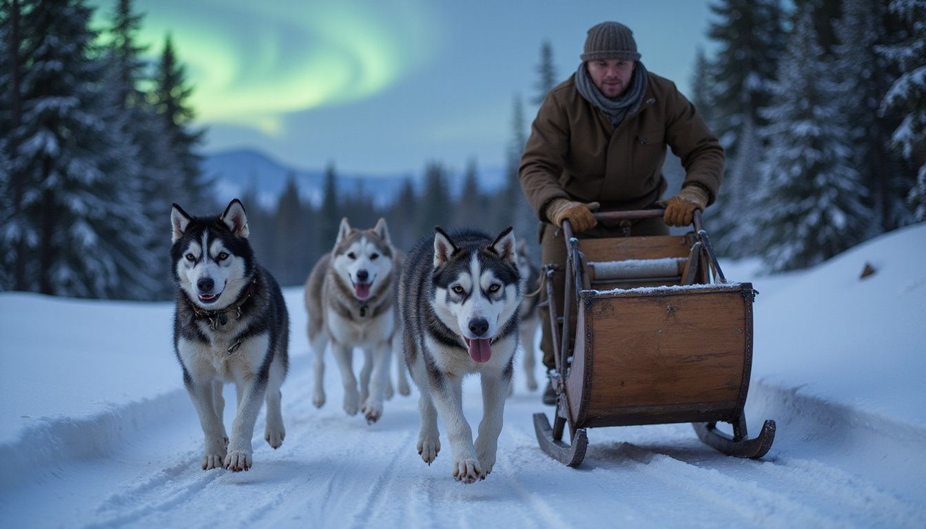 A team of Malamutes and Huskies pulls a sled through snowy woods.