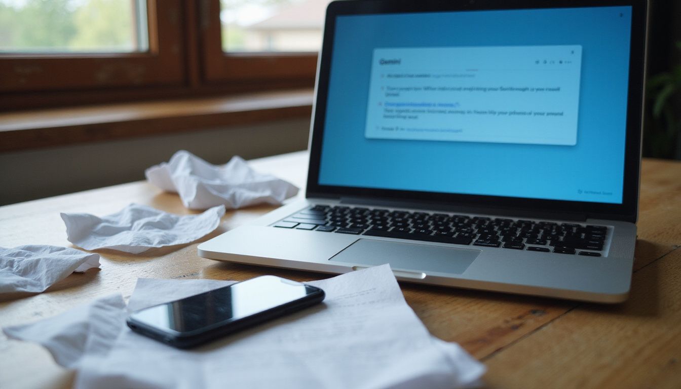Cluttered office desk with papers, laptop, and smartphone reveals workplace tension.