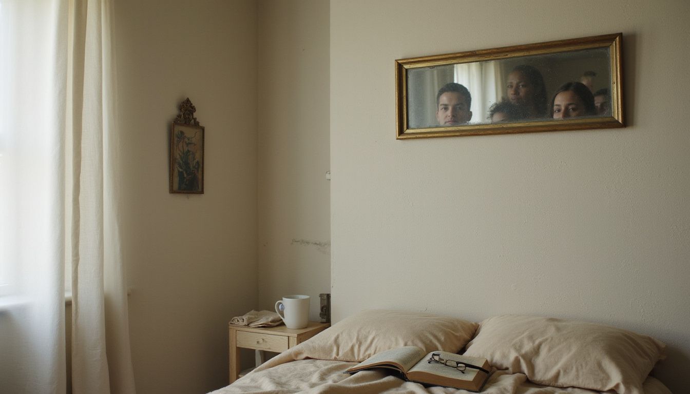 A modest bedroom reflects blurred faces in a tarnished mirror. A modest bedroom reflects blurred faces in a tarnished mirror.