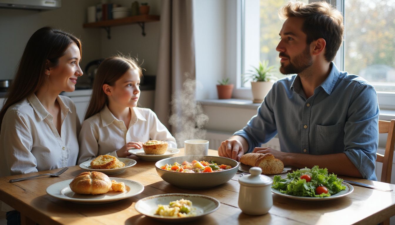 A family enjoys a cozy meal together at their dining table.