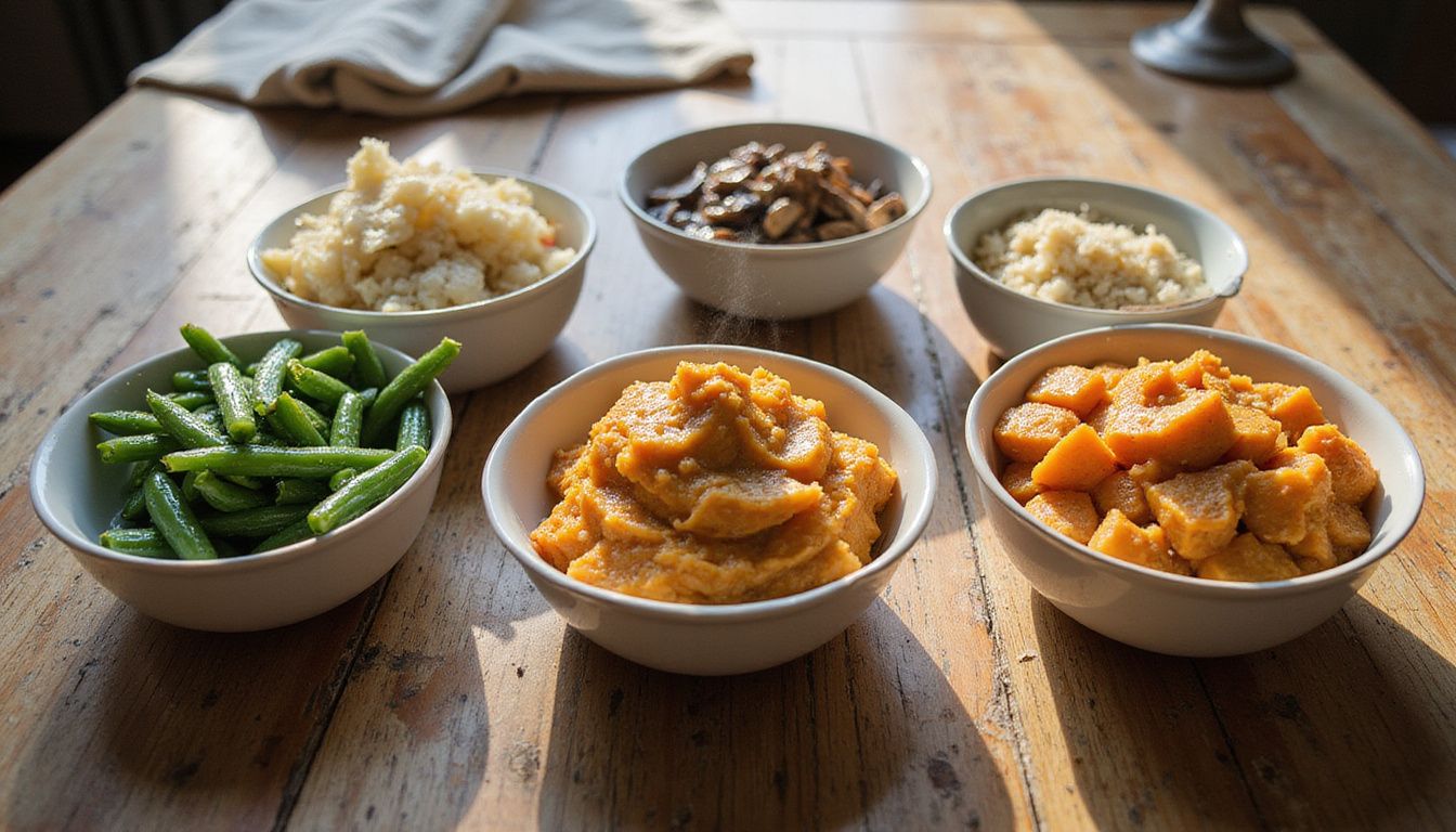 A well-organized kitchen countertop displays ingredients for Thanksgiving side dishes.