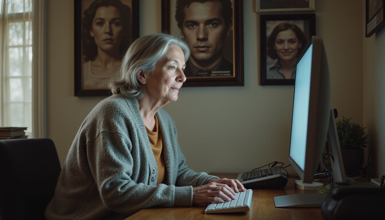 An elderly woman sits at a desk, reminiscing amid vintage decor. An elderly woman sits at a desk, reminiscing amid vintage decor.